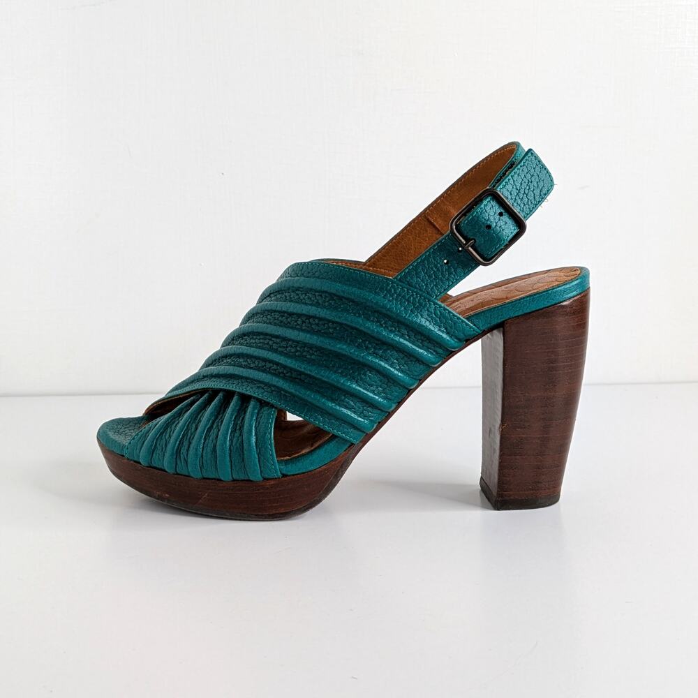 Chie Mihara Alubia Heels 37 Teal Leather Crossover Open Toe Designer Spain 7